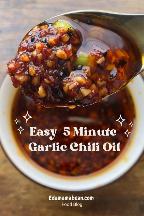 Easy Five Minute Garlic Chili Oil Garlic Chili Oil Recipe, Korean Chili Oil, Chili Garlic Oil Recipe Chinese, Spicy Garlic Chili Oil Noodles, Crunchy Garlic Chili Oil, Garlic Oil Recipe, Korean Chili Powder, Hot Chili Oil, Chili Oil Recipe