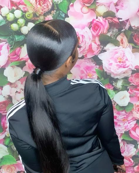 Middle Part Curly Hair Ponytail, We’ve Ponytail, Low Invisible Ponytail, Low Slick Ponytail Weave Middle Part, 16 Inch Ponytail Weave, Sleek Low Ponytail Middle Part, Middle Part Slick Back Ponytail Weave Curly, Slick Back Ponytail For Prom, Low Middle Part Ponytail Black Women