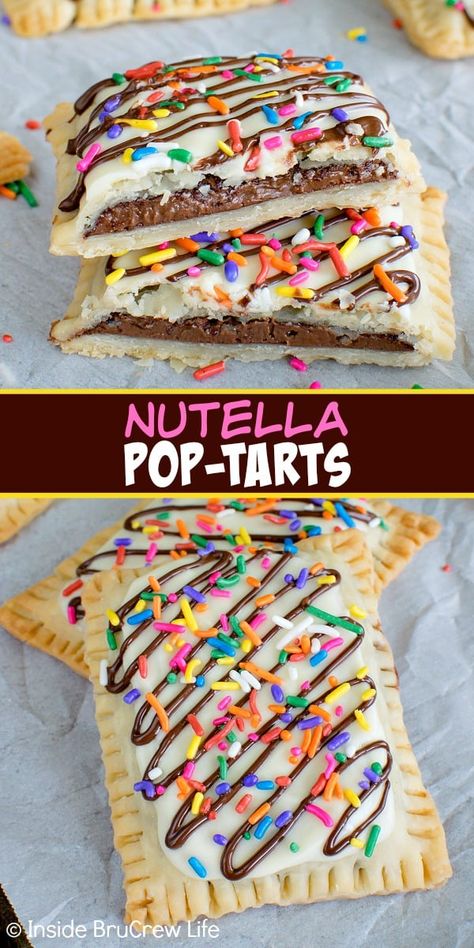 Nutella Pop Tarts - filling pie crust with Nutella and adding sprinkles makes these look just like store bought treats. Awesome breakfast recipe! Good Breakfast, Pop Tart, Breakfast Sweets, Nutella Recipes, Best Breakfast Recipes, Homemade Snacks, Breakfast Recipe, Breakfast Treats, Sweets Treats