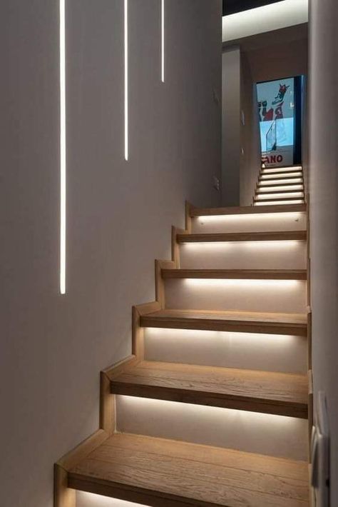 Lighted Stairs Indoor, Lighted Staircase, Lights On Staircase, Lighting On Stairs, Illuminated Staircase, Illuminated Stairs, Stairs Light Design, Stair Lighting Ideas, Light Stairs