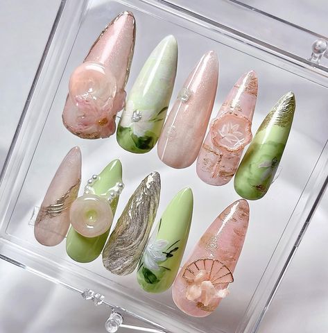 Lunar New Year Nails, Cny Nails, New Year Nails, Jade Nails, Nail Store, Long Almond, Asian Nails, Lotus Pond, Clear Top