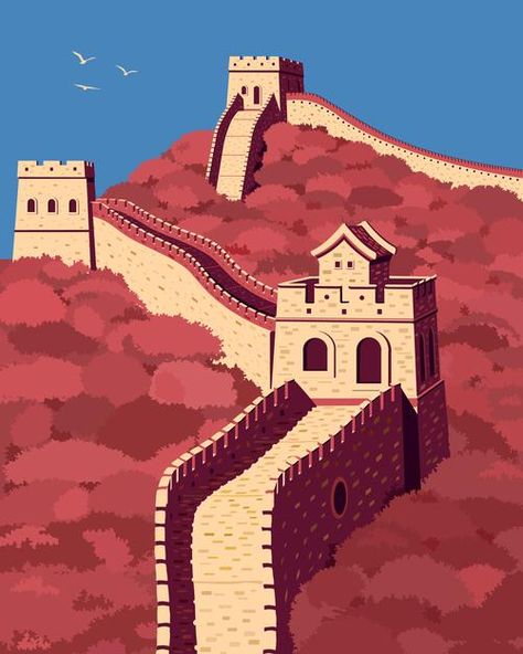 Great Wall Of China Illustration, Great Wall Of China Painting, Great Wall Of China Drawing, Chinese Art Design, Ancient China Art, China Poster, School Book Covers, Chinese Wall, Vector Nature