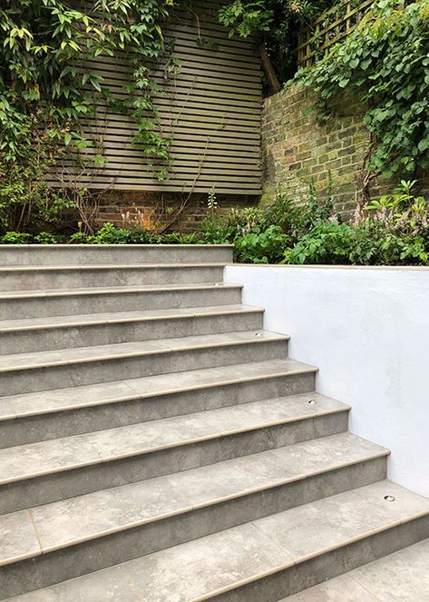 Porcelain Steps - Increasing Options Of Garden Design - London Stone Blog Porcelain Front Door Step, Porcelain Steps Garden, Porcelain Steps, Scandi Garden, London Stone, Brick Border, Garden Design London, Patio Stairs, Front Door Steps