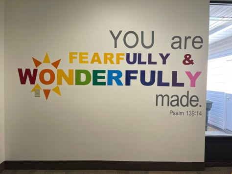 Rainbow letters Creation Mural Bible, Sunday School Wall Murals, Preschool Rooms Ideas, Classroom Wall Mural Ideas, Children’s Ministry Church Decor, Church Toddler Room Ideas, Teen Sunday School Room Decor, Christian Kindergarten Classroom Decor, Daycare Wall Painting Ideas