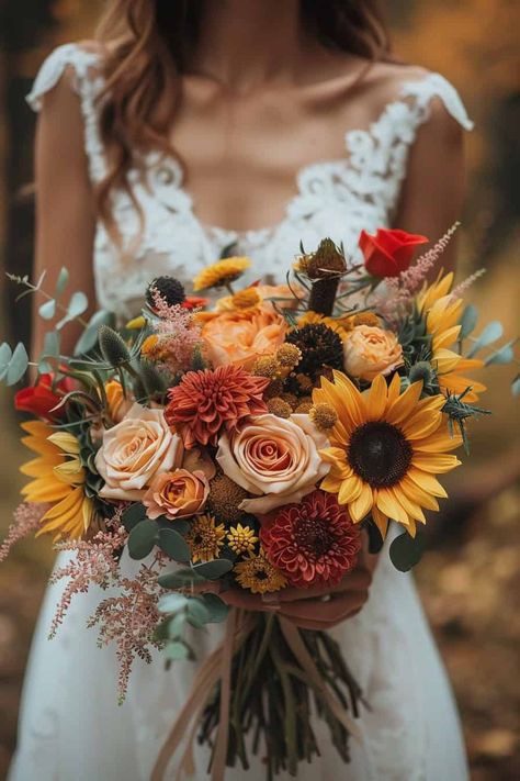 Sunflowers And Rose Wedding Bouquets: 20 Inspiring Ideas • Wedding Flower Arrangements Fall Sunflower, Yellow Wedding Arch Flowers, Sunflowers For Wedding Decor, Elegant Wedding Flowers Bouquet Ideas, Sept Wedding Flowers, Sunflower Autumn Wedding, Sunflower Rose Wedding Bouquet, Rustic Wedding Bouquet Fall Color Schemes, Flower Inspo For Wedding