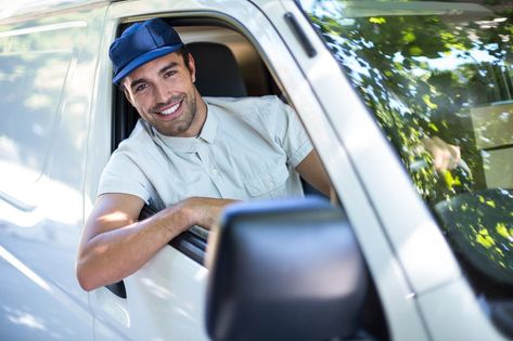 Portrait of cheerful delivery person sitting in van Gps Vehicle Tracking, Driver Job, Delivery Driver, Person Sitting, Looking For A Job, Gps Tracking, New Drivers, Taxi Driver, Soft Skills