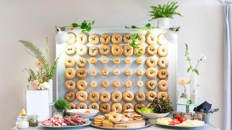 Bagel Wall Captured by Anneli Marinovich Bagel Wall Display, Bagel Station, Bagel Wall, Brunch Hosting, Bagel Board, Drink Cafe, Evening Food, Bagel Bar, Ladies Brunch