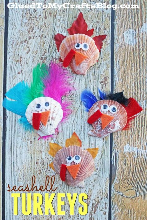 Simple Seashell Friends - Kid Craft Idea For Summer Turkey Crafts Kids, Crafts Thanksgiving, Idea For Summer, Acorn Crafts, Turkey Time, Lazy Summer Days, Friend Crafts, Easy Fall Crafts, Fun Fall Activities