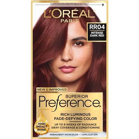 L'Oreal Paris Superior Preference Fade-Defying + Shine Permanent Hair Color, RR-04 Intense Dark Red, Pack of 1, Hair Dye Deep Red Hair Color, Camelina Oil, Deep Red Hair, Medium Ash Blonde, Fall Hair Color Trends, Dark Red Hair, Light Ash Blonde, Silver Blonde, Hair Color Shades