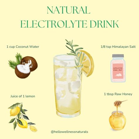 Cool down naturally during a heat wave! 🌞💧 This homemade electrolyte drink, crafted with coconut water, fresh lemon juice, raw honey, and Himalayan salt, replenishes essential minerals and delivers a refreshing taste. Ingredients: * 1 cup coconut water * Juice of 1 lemon * 1 tbsp raw honey * 1/8 tsp Himalayan salt  Instructions: 1. Combine all ingredients in a glass or bottle. 2. Stir well until the honey is fully dissolved. 3. Chill in the refrigerator before serving. Things To Make With Coconut Water, Coconut Electrolyte Drink, Coconut Water Drinks, Coconut Water Recipes, Homemade Electrolyte Drink, Electrolyte Balance, Homemade Recipe Books, Natural Electrolytes, Healthy Lunch Snacks