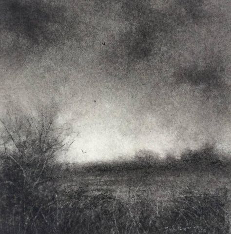 Sue Bryan, Edgeland XV (Small Contemporary Landscape Drawing in Black Charcoal), 2015 Charcoal Landscape Drawing Easy, Soft Charcoal Drawings, Scenery Charcoal Drawing, Charcoal Landscape Drawing, Charcoal Scenery, Trees In Landscape, Graphite Landscape, Landscape Charcoal, Sue Bryan Charcoal