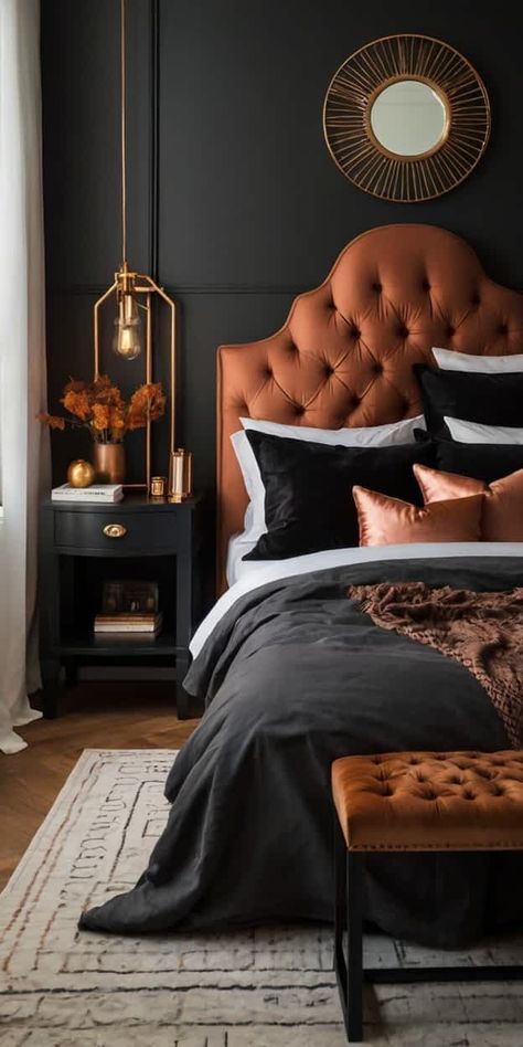 Inspiring Black And Copper Bedroom Ideas White And Copper Bedroom, Copper Bedroom Ideas, Black And Copper Bedroom, Copper Bedroom Decor, Chocolate Bedroom Ideas, Bedroom Ideas Gold, Leather Headboard Bedroom, Chocolate Bedroom, Bronze Bedroom