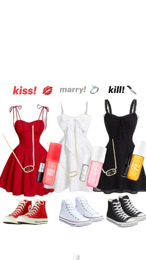 a pretty kiss, marry, kill costume for a group of three and everything you would need! ❤️🤍🖤 Three Girl Halloween Costumes, Kiss Marry Kill Costume, Kiss Halloween Costumes, Kill Costume, Kiss Marry Kill, Halloween Kiss, Kiss Costume, Trio Costumes, Halloween Costumes For Work