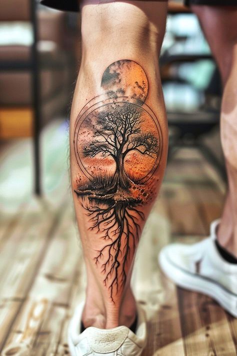 Tree Of Life Back Tattoo For Men, Mythical Creature Tattoo Ideas, Tattoo For Leg For Men, Tree And Roots Tattoo, Tatto For Man Men Tatoo, Leg Tats For Men, Nature Tattoos Men, Life Tattoos For Men, Leg Tattoo Men Sleeve