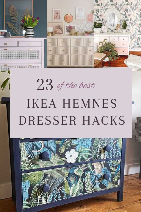 Ikea Dresser Hack Vintage, Ikea Hemnes 3 Drawer Dresser Nursery, Painted Ikea Chest Of Drawers, Painted Ikea Furniture Ideas, Ikea Hemnes Dresser Styling, Ikea Hemnes Dresser Wallpaper, Upgraded Ikea Dresser, Hemnes 3 Drawer Dresser Hack, Hemnes Chest Of Drawers Hack