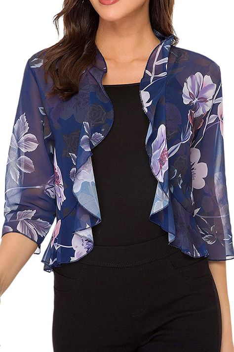 Women's Open Front Cropped Cardigan 3/4 Sleeve Casual Shrugs Jacket Draped Ruffles Lightweight Sweaters (Pattern3, Medium) Shrug For Dresses, Bolero Shrug, Shrug Cardigan, Solid Color Dress, Lightweight Cardigan, Cropped Cardigan, Open Front Cardigan, Dress And Heels, Light Weight Sweater