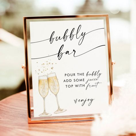 This Bubbly Mimosa Bar Sign features hand-painted watercolor champagne flutes and is perfect to display at your shower or event's bubbly station! Text and background colors are fully editable —> click the "Customize Further" button to edit! Champagne Bar Sign, Bubbly Bar Bridal Shower Ideas, Bridal Shower Bubbly Bar, Bubbly Bar Ideas, Mimosa Bridal Shower Ideas, Mimosa Bar Set Up, Bridal Shower Mimosa Bar Ideas, Mimosa Bar Bridal Shower Decor, Champagne Bar Ideas