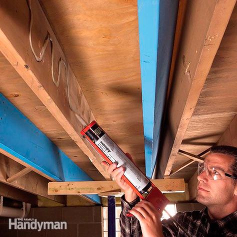 How to Make Structural Repairs by Sistering Floor Joists (DIY) Fix Squeaky Floors, Squeaky Floors, Easy Home Improvement Projects, Easy Home Improvement, Construction Adhesive, Post And Beam, Family Handyman, Diy Home Repair, Home Repairs