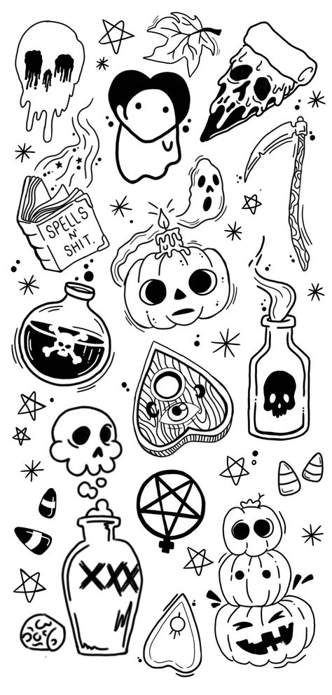 Spooky Sticker Tattoos, Small Simple Goth Tattoos, Simple Tattoos Halloween, Halloween Tattoo Flash Art Simple, Small Gothic Flash Tattoos, Simple Halloween Drawings Aesthetic, Horror Flash Tattoo Sheet, Spooky Flash Art, Flash Ghost Tattoo