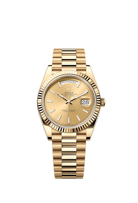 Discover the Day-Date 40 watch in 18 ct yellow gold on the Official Rolex Website. Model: m228238-0066 Rolex Day Date 40, Rolex Bracelet, Gold Alloys, Baguette Cut Diamond, Rolex Day Date, Oyster Perpetual, Champagne Color, Watch Collection, Color Set