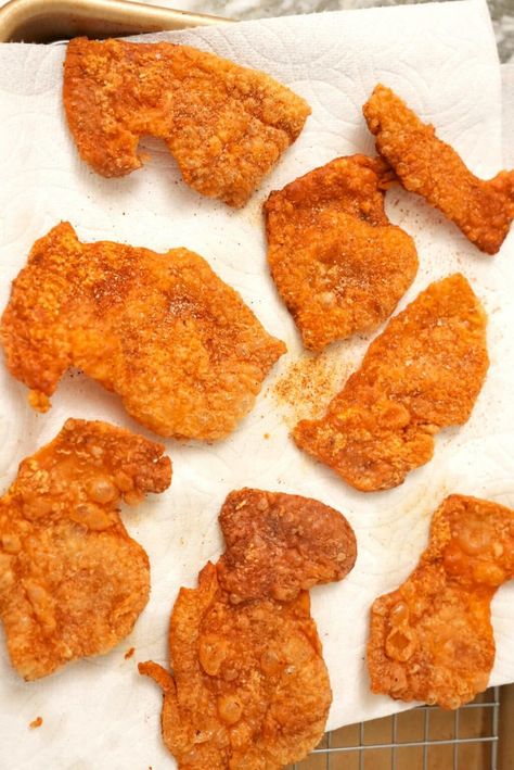 Chicken Skin Chips (Pan, Oven, or Air Fryer) - CJ Eats Recipes Chicken Skin Chips, Crackling Recipe, Chicken Skins, Crispy Chicken Skin, Cj Eats, Fried Chicken Skin, Air Fryer Chicken Recipes, Paleo Snack, Chicken And Chips