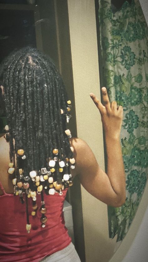 Dread With Beads, Sister Locs With Beads, 2 Ponytails Locs, Locs With Wooden Beads, Beads On Micro Locs, Locs Hairstyles With Beads, Locs With Beads And Shells, Beaded Locs Styles, Beads On Dreads Locs