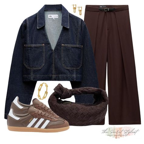 Brown Belt Bag Outfit, Denim Shirt Outfit Winter, Brown Trousers Outfit Women, Suede Bag Outfit, Trousers Outfit Winter, Brown Belt Outfit, Brown Trousers Outfit, Denim Shirt Outfit, Denim Pumps