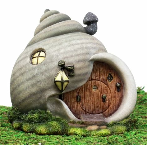 Snail House, Moss Mat, Figurine Display, Clay Fairy House, Shell House, Enchanted Fairy, Fairy House Diy, Garden Miniature, Fairy Garden Designs