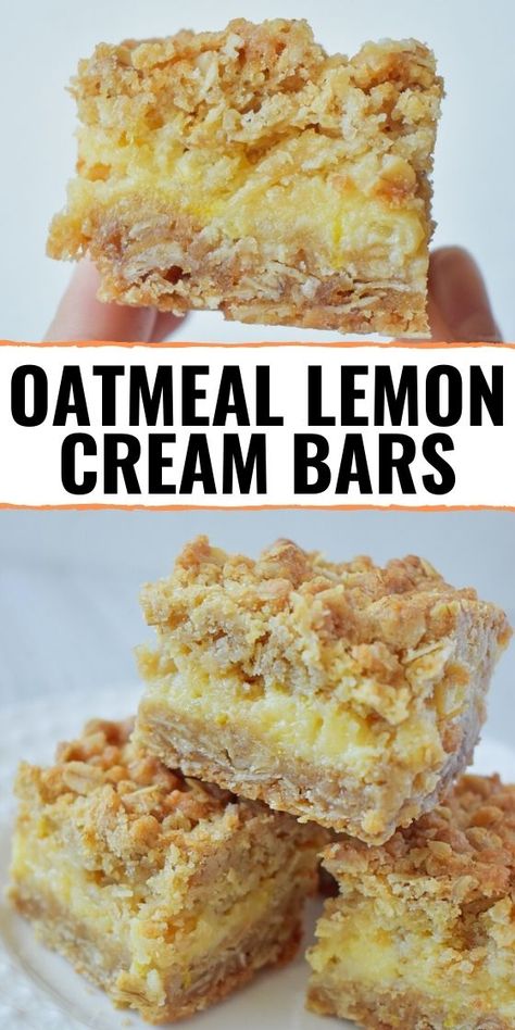 OATMEAL LEMON CREAM BARS Lemon Cream Bars, Lemon Creme, Sweet Bars, Mexican Train, Recipes By Ingredients, Bar Desserts, Lemon Bars Easy, Cookie Crumble, Lemon Bars Recipe