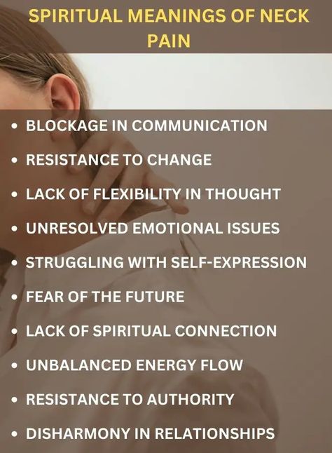 Neck pain embodies deeper spiritual messages: suppressed emotions, resistance to change, inflexible thoughts, unresolved emotions, self-expression struggles, fear, disconnectedness, energy imbalances, authority resistance, and relationship disharmony. Addressing these unlocks spiritual healing and physical relief. Resistance To Change, Suppressed Emotions, Spiritual Stories, Healing Practices, Body Connection, Spiritual Dimensions, Mind Body Connection, Spiritual Messages, Spiritual Experience