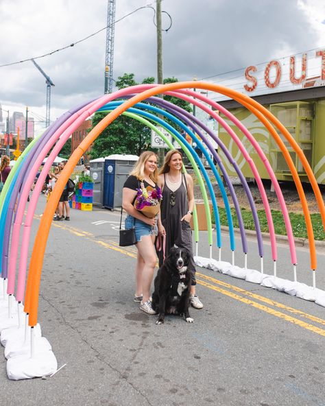 Row of pool noodle arches to look like a rainbow Pool Noodle Installation, Pride Art Installation, Event Photo Backdrop Ideas, Museum Of Color, Photo Op Ideas Events, Pride Event Decor, Pool Noodle Backdrop, Festival Event Ideas, Pride Event Ideas