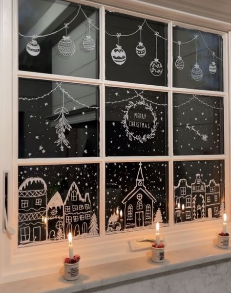 Drawing On Windows Christmas, Christmas Decorations Drawings, Floating Christmas Tree, Christmas Chalkboard Art, Christmas Window Painting, 3d Snowflakes, Christmas Tree Decorating, Christmas Window Display, Winter Window