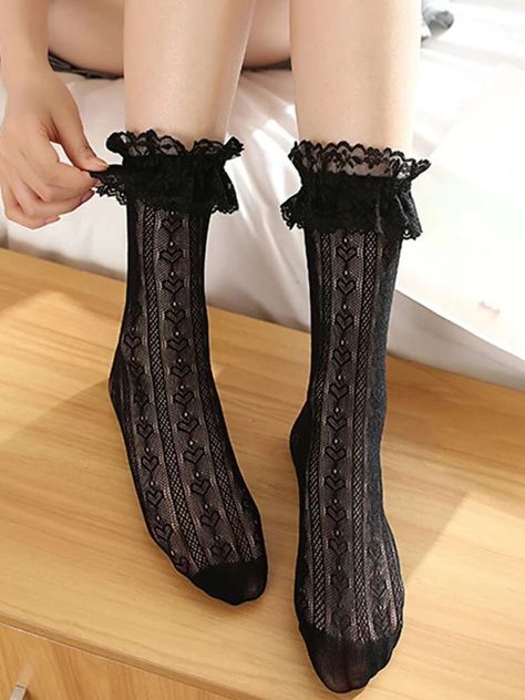 Heart Pattern Lace SocksCheck out this Heart Pattern Lace Socks on Romwe and explore more to meet your fashion needs! Goth Socks, Short Socks Women, Socks Aesthetic, Куклы American Girl, Ruffled Socks, Knee High Stockings, Sheer Socks, Women Crew Socks, Lace Socks