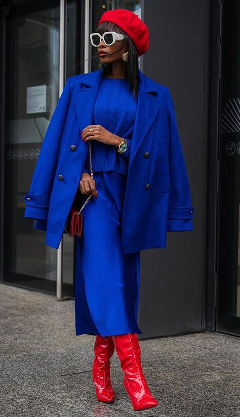 Colorful High Fashion Outfits, Rocky Blue Outfits, Royal Blue And Red Outfit, Pop Of Color Winter Outfit, Bold Winter Outfits, Shades Of Blue Outfits For Women, Cobalt Blue Sweater Outfit, Bright Winter Color Palette Outfits, Cobalt Blue Outfits