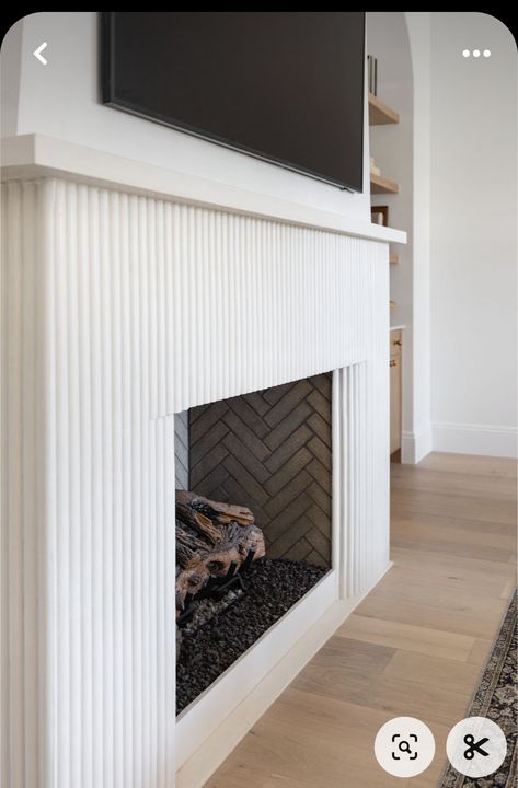 Recessed Media Wall, Diy Fluted Fireplace, Plaster Fireplace With Wood Mantel, Linear Fireplace With Mantle, Modern Organic Fireplace, Modern White Fireplace, Organic Modern Fireplace, Rectangle Fireplace, Cabinets With Marble Countertops