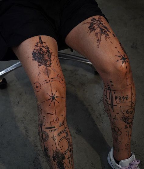 Patchwork Leg Tattoos For Men, Mens Modern Tattoos, Simple Tattoo Sleeve Men, Leg Lines Tattoo, Simplistic Leg Tattoos, Mens Patchwork Tattoo Sleeve Leg, Realism Tattoo Thigh, Leg Sleeve Male, Men Half Leg Sleeve Tattoo