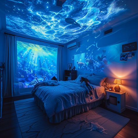 Dreamy Bedroom Ambiance: A serene bedroom bathed in blue light, depicting underwater scenes and a starry night sky. #bedroom #blue #underwater #starry #night #aiart #aiphoto #stockcake ⬇️ Download and 📝 Prompt 👉 https://stockcake.com/i/dreamy-bedroom-ambiance_145604_18745 Avatar Bedroom Ideas, Underwater Theme Bedroom, Night Sky Bedroom, Starry Night Bedroom, Sky Bedroom, Underwater Bedroom, Underwater Room, Ocean Bedroom, Light Blue Bedroom