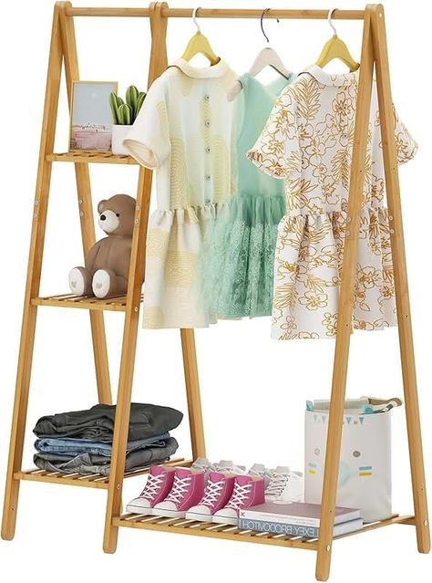 Amazon.com: Freestanding Wood Clothes Rack Small Clothing Rack, Small Clothes Rack, Decoration Organization, Clothes Simple, Kids Clothing Rack, Bamboo Clothes, Side Shelf, Clothes Racks, Clothes Hanging