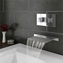 Plaza Wall Mounted Waterfall Bath Filler + Concealed Thermostatic Valve Medium Image Waterfall Bath, Waterfall Taps, Wall Mounted Bath Taps, Modern Outdoor Kitchen, Sansevieria Trifasciata, Bath Shower Mixer Taps, Waterfall Shower, Waterfall Wall, Luxurious Spa