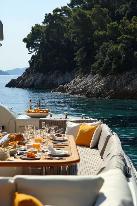 "Set sail on a private yacht in the Mediterranean! 🚤🌊 Indulge in luxury and explore stunning coastlines with personalized service and breathtaking views. 🛥️☀️ #Mediterranean #PrivateYacht #LuxuryTravel" View From A Yacht, Yacht Trip Aesthetic, Italy Yacht Aesthetic, Rich Yacht Aesthetic, Luxury Date Aesthetic, Yacht Vacation Aesthetic, Greece Boat Pictures, Private Boat Aesthetic, Vacation Luxury Aesthetic