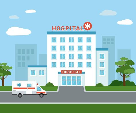 Medical hospital building outside. An ambulance car next to the hospital building. Isolated medical facility exterior view with trees and clouds on the background. Flat vector illustration Hospital Background For Editing, Hospital Outside, Hospital Drawing, Ambulance Cartoon, Hospital Cartoon, Hospital Building, Medical Illustrations, Modern Hospital, Medical Facility