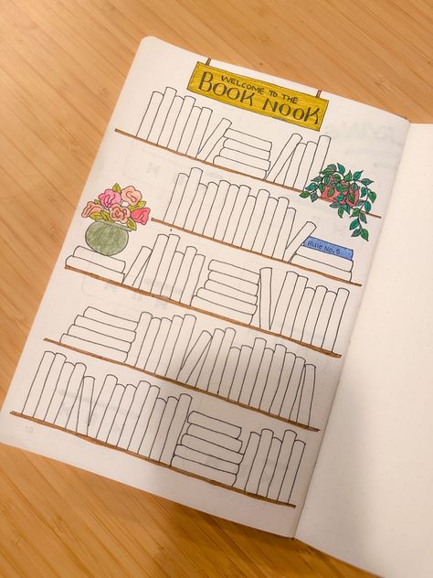 Bullet journal page with bookshelves filled with books and two potted plants. Title says “welcome to the book nook” Bookshelf Reading Journal, Book Journal Bookshelf, Bookshelf Reading Tracker, To Be Read Bullet Journal, Tbr Bullet Journal, Tbr List Bullet Journal, Book Log Bullet Journal, Bujo Bookshelf, Yearly Book Tracker