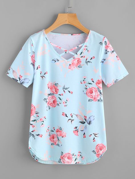 Shop Florals Criss Cross V-neckline Tee online. SheIn offers Florals Criss Cross V-neckline Tee & more to fit your fashionable needs. Cotton Short Tops, Cute Shirt Designs, Fashion Tops Blouse, Trendy Fashion Tops, Ladies Tops, Crop Top Outfits, Printed T Shirts, Stylish Dress Designs, Dress Shirts For Women