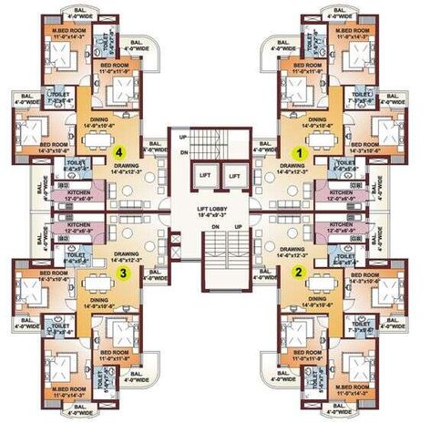 This apartment lay-out design in 4 unit for all floor, & 3 bed room, Kitchen, Dining area, drawing room etc design include the autocad file. Floor Plans, Apartment Building Floor Plans, Building Floor Plans, High Rise Residential, High Rise Apartment, Residential Complex, Site Plan, Apartment Building, Floor Plan