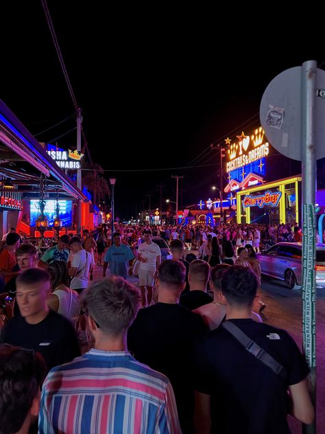 greece, zante, nightlife, partying & clubbing, neon lights, crowded street Laganas Zakynthos Night, Zante Clubbing, Clubbing In Greece, Benidorm Nightlife, Ayia Napa Nightlife, Zante Aesthetic, Zante Nightlife, Greece Clubbing, Zante Girls Holiday