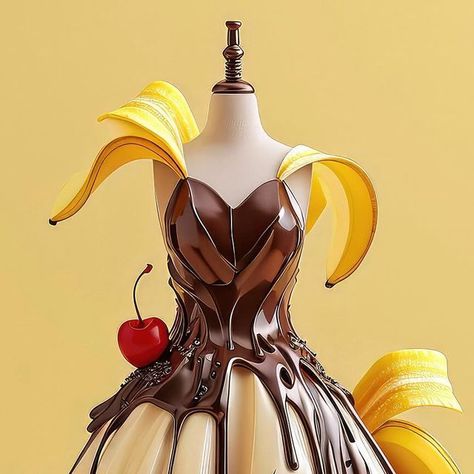 Liz Joy on Instagram: "I used AI software to create a collection of dessert-inspired dresses, and now I really wish I had them all in real life! If I could only choose one, though, it would probably be the banana split. Or the blueberry cheesecake. Or the chocolate chip cookie… Which one would you choose for yourself?: 1 - Banana Split 2 - Pavlova 3 - Caramel Apple 4 - Frosting 5 - Cinnamon Roll 6 - Blueberry Cheesecake 7 - Key Lime Pie 8 - Chocolate Chip Cookie 9 - Peach Cobbler 10 - Cupcake #aifashion #midjourney #aidesign #fantasyfashion" Dessert Inspired Outfit, Food Inspired Outfits, Banana Clothes, Food Inspired Dress To Impress, Banana Outfit, Blueberry Dress, Banana Fashion, Dessert Outfit, Chocolate Dress