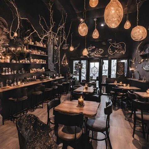 Crystal Cafe Aesthetic, Mystical Coffee Shop, Dark Cafe Design, Dark Bookstore Aesthetic, Witch Cafe Coffee Shop, Gothic Bakery Interior, Fantasy Cafe Interior, Goth Cafe Aesthetic, Magic Coffee Shop