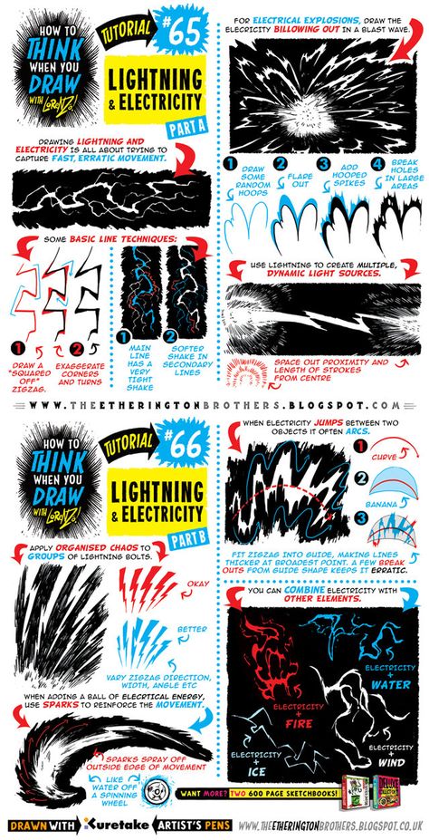 See above for today's tutorial, which looks at how to THINK When you draw LIGHTNING and ELECTRICITY, great for electrical effects and general zapping I recommend you use this tutorial in conjunctio... Draw Lightning, How To Draw Lightning, Lightning Drawing, Etherington Brothers, Manga Reference, Comic Tutorial, Reference Art, Helpful Things, Tampa Bay Lightning