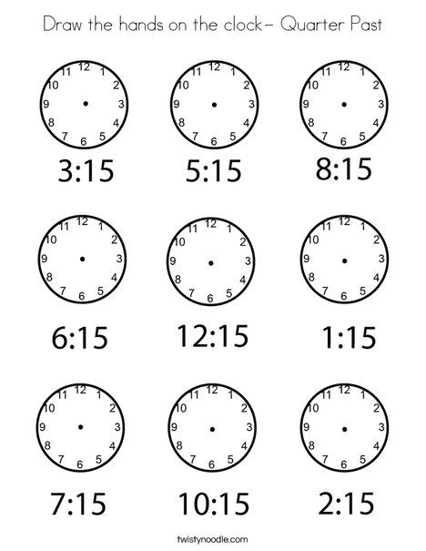 Draw the hands on the clock- Quarter Past Coloring Page - Twisty Noodle Clock Worksheets, How To Tell Time, Clock Drawings, Telling Time Worksheets, Twisty Noodle, Worksheet For Kids, Time Worksheets, Teaching Time, Math Work