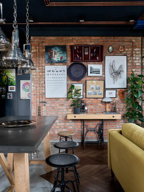 Small Loft Apartment, Loft Apartment Industrial, Eclectic Industrial, Loft Apartment Decorating, Brick Interior Wall, Home Decor Wallpaper, Brick Interior, Industrial Apartment, Industrial Kitchen Design